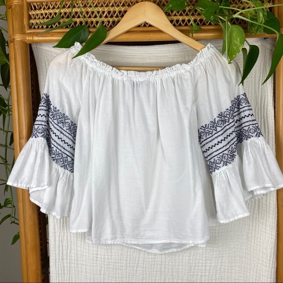 COTTON:ON Crop top peasant style white navy emb - Picture 5 of 6